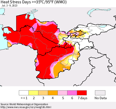 Central Asia Heat Stress Days >=35°C/95°F (WMO) Thematic Map For 7/3/2023 - 7/9/2023