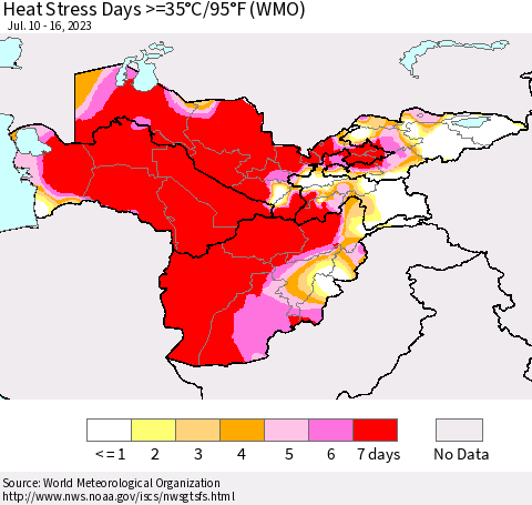 Central Asia Heat Stress Days >=35°C/95°F (WMO) Thematic Map For 7/10/2023 - 7/16/2023