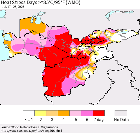 Central Asia Heat Stress Days >=35°C/95°F (WMO) Thematic Map For 7/17/2023 - 7/23/2023