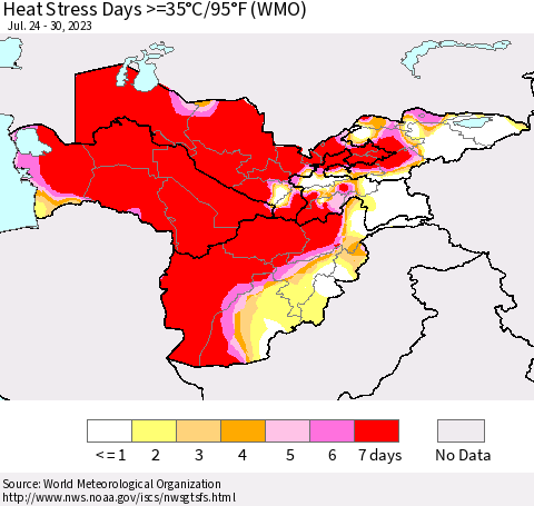 Central Asia Heat Stress Days >=35°C/95°F (WMO) Thematic Map For 7/24/2023 - 7/30/2023