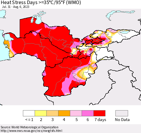Central Asia Heat Stress Days >=35°C/95°F (WMO) Thematic Map For 7/31/2023 - 8/6/2023