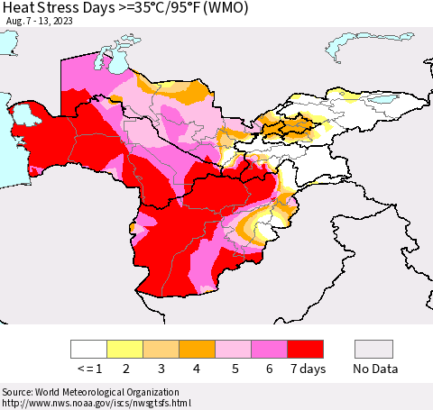 Central Asia Heat Stress Days >=35°C/95°F (WMO) Thematic Map For 8/7/2023 - 8/13/2023