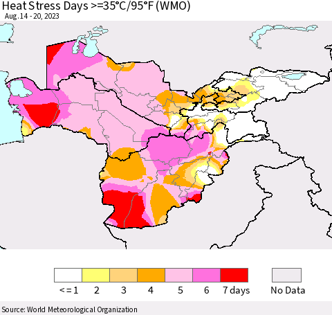 Central Asia Heat Stress Days >=35°C/95°F (WMO) Thematic Map For 8/14/2023 - 8/20/2023