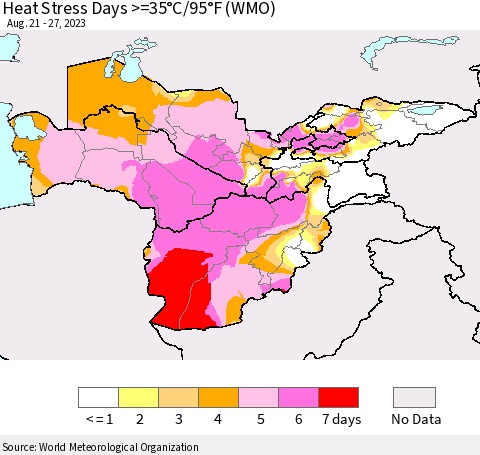 Central Asia Heat Stress Days >=35°C/95°F (WMO) Thematic Map For 8/21/2023 - 8/27/2023