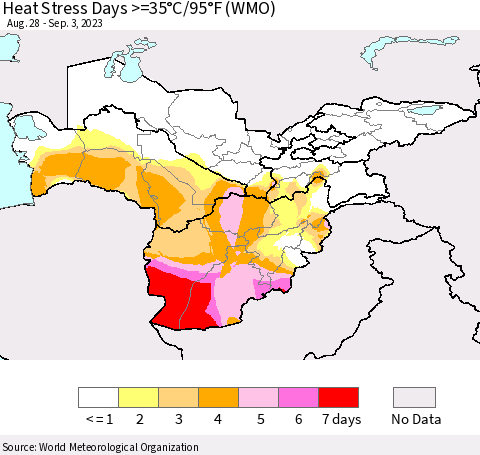 Central Asia Heat Stress Days >=35°C/95°F (WMO) Thematic Map For 8/28/2023 - 9/3/2023