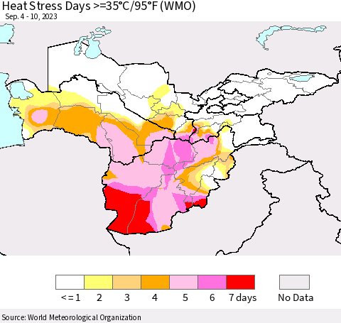 Central Asia Heat Stress Days >=35°C/95°F (WMO) Thematic Map For 9/4/2023 - 9/10/2023