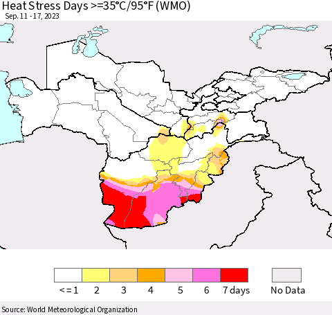 Central Asia Heat Stress Days >=35°C/95°F (WMO) Thematic Map For 9/11/2023 - 9/17/2023