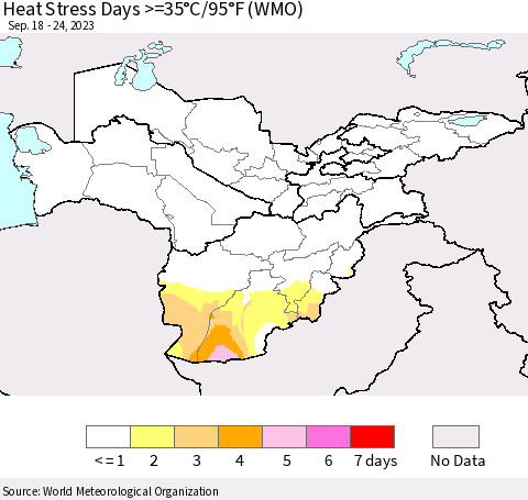 Central Asia Heat Stress Days >=35°C/95°F (WMO) Thematic Map For 9/18/2023 - 9/24/2023
