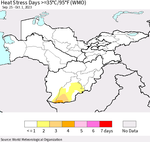 Central Asia Heat Stress Days >=35°C/95°F (WMO) Thematic Map For 9/25/2023 - 10/1/2023