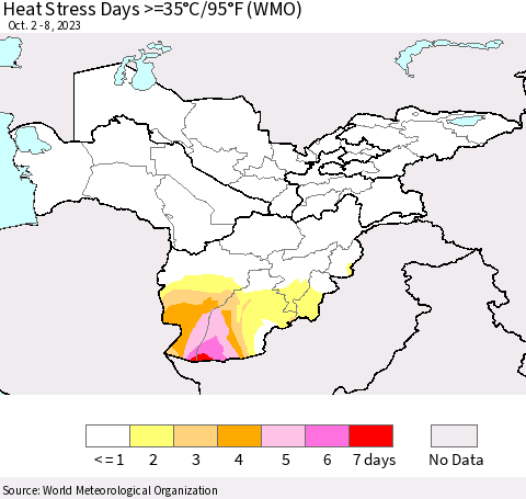 Central Asia Heat Stress Days >=35°C/95°F (WMO) Thematic Map For 10/2/2023 - 10/8/2023