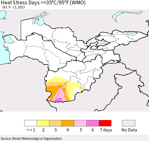 Central Asia Heat Stress Days >=35°C/95°F (WMO) Thematic Map For 10/9/2023 - 10/15/2023