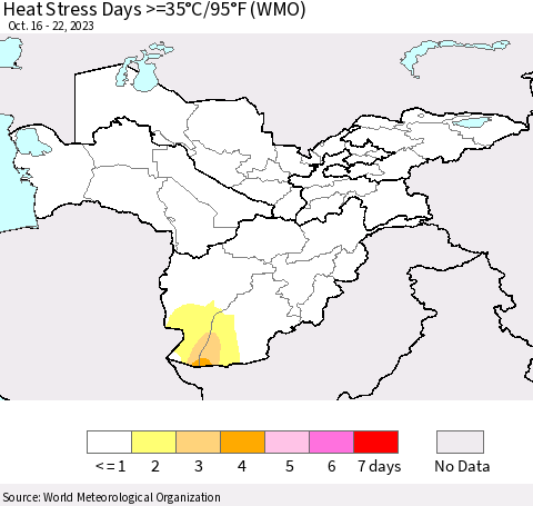 Central Asia Heat Stress Days >=35°C/95°F (WMO) Thematic Map For 10/16/2023 - 10/22/2023