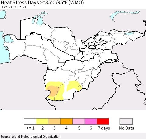 Central Asia Heat Stress Days >=35°C/95°F (WMO) Thematic Map For 10/23/2023 - 10/29/2023