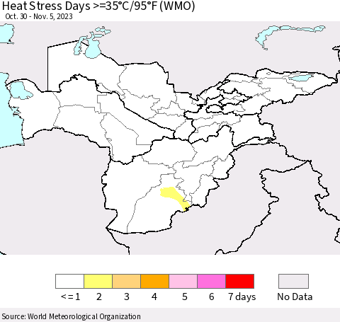 Central Asia Heat Stress Days >=35°C/95°F (WMO) Thematic Map For 10/30/2023 - 11/5/2023