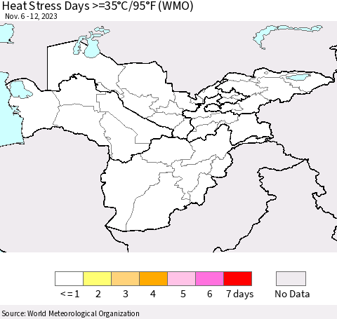 Central Asia Heat Stress Days >=35°C/95°F (WMO) Thematic Map For 11/6/2023 - 11/12/2023