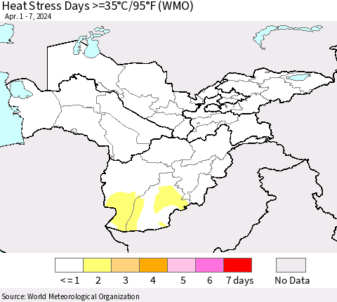 Central Asia Heat Stress Days >=35°C/95°F (WMO) Thematic Map For 4/1/2024 - 4/7/2024