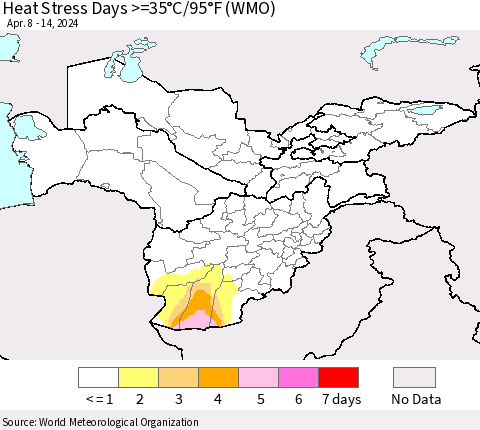 Central Asia Heat Stress Days >=35°C/95°F (WMO) Thematic Map For 4/8/2024 - 4/14/2024