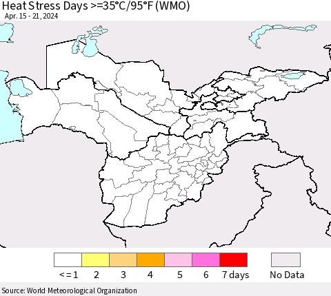 Central Asia Heat Stress Days >=35°C/95°F (WMO) Thematic Map For 4/15/2024 - 4/21/2024