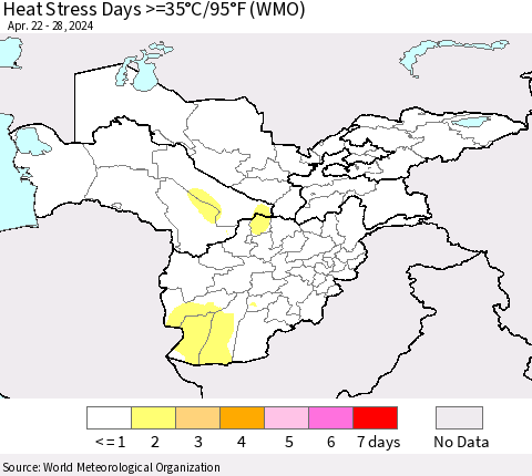 Central Asia Heat Stress Days >=35°C/95°F (WMO) Thematic Map For 4/22/2024 - 4/28/2024