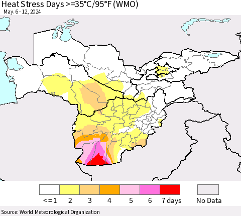 Central Asia Heat Stress Days >=35°C/95°F (WMO) Thematic Map For 5/6/2024 - 5/12/2024