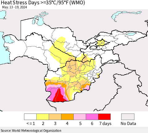 Central Asia Heat Stress Days >=35°C/95°F (WMO) Thematic Map For 5/13/2024 - 5/19/2024