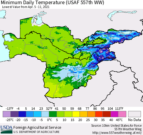 Central Asia Minimum Daily Temperature (USAF 557th WW) Thematic Map For 4/5/2021 - 4/11/2021