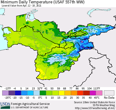 Central Asia Minimum Daily Temperature (USAF 557th WW) Thematic Map For 4/12/2021 - 4/18/2021