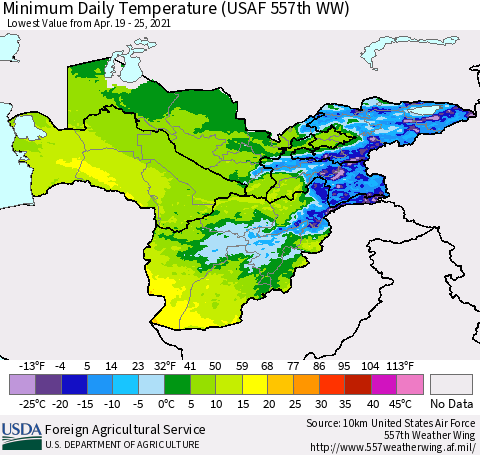 Central Asia Minimum Daily Temperature (USAF 557th WW) Thematic Map For 4/19/2021 - 4/25/2021