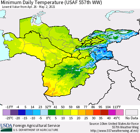 Central Asia Minimum Daily Temperature (USAF 557th WW) Thematic Map For 4/26/2021 - 5/2/2021