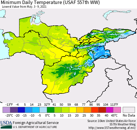 Central Asia Minimum Daily Temperature (USAF 557th WW) Thematic Map For 5/3/2021 - 5/9/2021