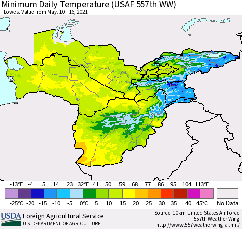 Central Asia Minimum Daily Temperature (USAF 557th WW) Thematic Map For 5/10/2021 - 5/16/2021
