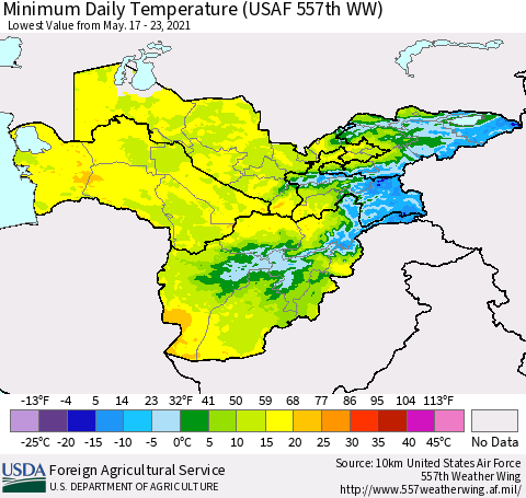 Central Asia Minimum Daily Temperature (USAF 557th WW) Thematic Map For 5/17/2021 - 5/23/2021