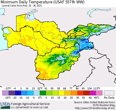Central Asia Minimum Daily Temperature (USAF 557th WW) Thematic Map For 5/24/2021 - 5/30/2021
