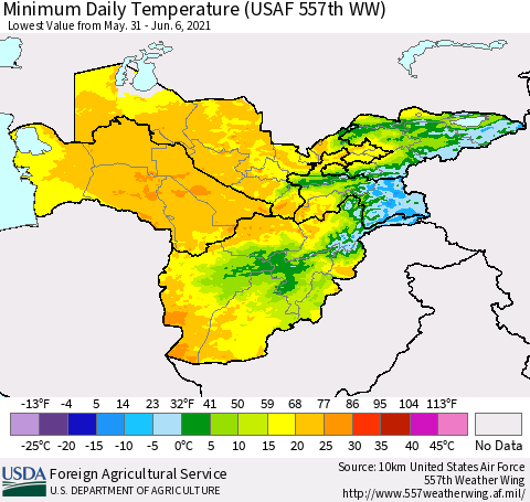 Central Asia Minimum Daily Temperature (USAF 557th WW) Thematic Map For 5/31/2021 - 6/6/2021