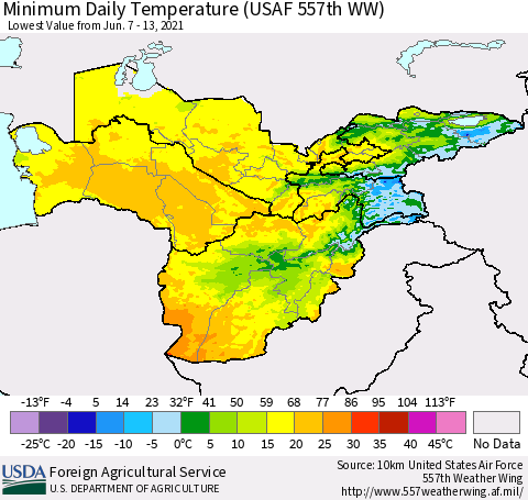 Central Asia Minimum Daily Temperature (USAF 557th WW) Thematic Map For 6/7/2021 - 6/13/2021