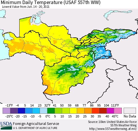 Central Asia Minimum Daily Temperature (USAF 557th WW) Thematic Map For 6/14/2021 - 6/20/2021