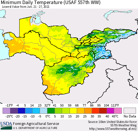 Central Asia Minimum Daily Temperature (USAF 557th WW) Thematic Map For 6/21/2021 - 6/27/2021