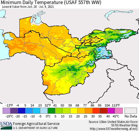 Central Asia Minimum Daily Temperature (USAF 557th WW) Thematic Map For 6/28/2021 - 7/4/2021
