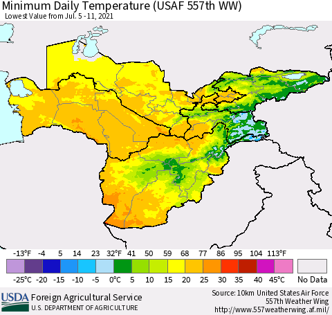 Central Asia Minimum Daily Temperature (USAF 557th WW) Thematic Map For 7/5/2021 - 7/11/2021