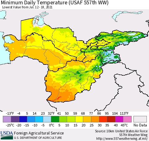 Central Asia Minimum Daily Temperature (USAF 557th WW) Thematic Map For 7/12/2021 - 7/18/2021