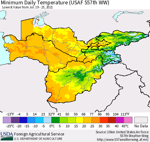 Central Asia Minimum Daily Temperature (USAF 557th WW) Thematic Map For 7/19/2021 - 7/25/2021