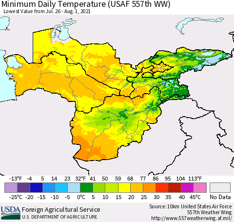 Central Asia Minimum Daily Temperature (USAF 557th WW) Thematic Map For 7/26/2021 - 8/1/2021