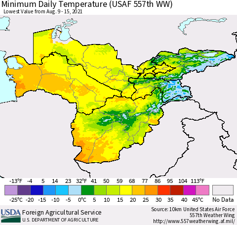 Central Asia Minimum Daily Temperature (USAF 557th WW) Thematic Map For 8/9/2021 - 8/15/2021