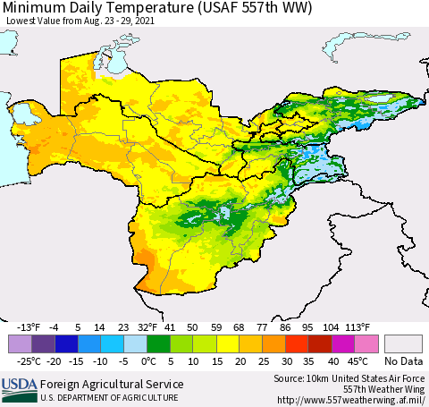 Central Asia Minimum Daily Temperature (USAF 557th WW) Thematic Map For 8/23/2021 - 8/29/2021