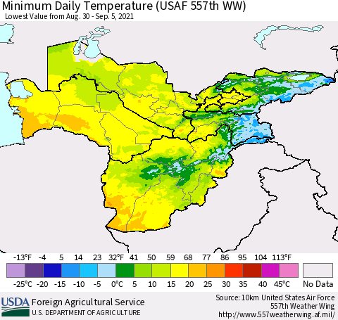 Central Asia Minimum Daily Temperature (USAF 557th WW) Thematic Map For 8/30/2021 - 9/5/2021