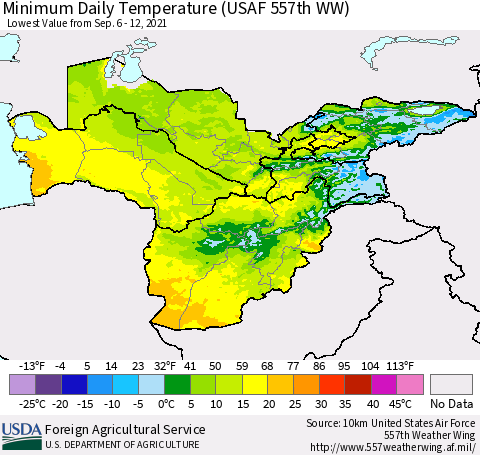 Central Asia Minimum Daily Temperature (USAF 557th WW) Thematic Map For 9/6/2021 - 9/12/2021