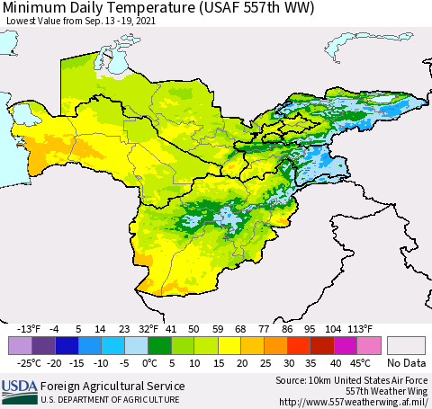 Central Asia Minimum Daily Temperature (USAF 557th WW) Thematic Map For 9/13/2021 - 9/19/2021