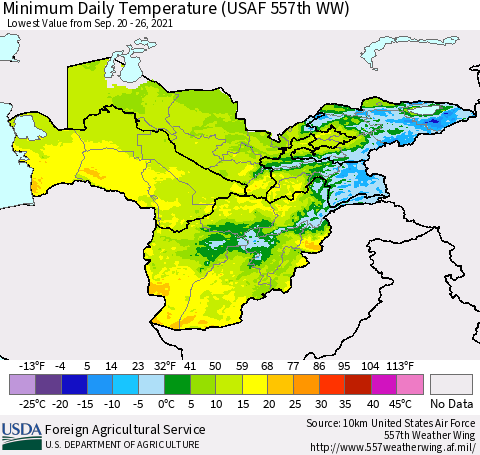 Central Asia Minimum Daily Temperature (USAF 557th WW) Thematic Map For 9/20/2021 - 9/26/2021