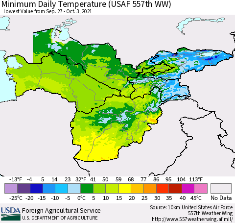 Central Asia Minimum Daily Temperature (USAF 557th WW) Thematic Map For 9/27/2021 - 10/3/2021