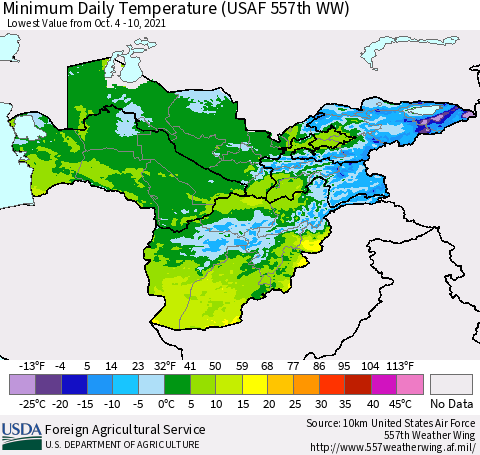 Central Asia Minimum Daily Temperature (USAF 557th WW) Thematic Map For 10/4/2021 - 10/10/2021